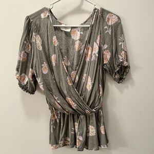 Everly Olive Floral Blouse with Puff Sleeves